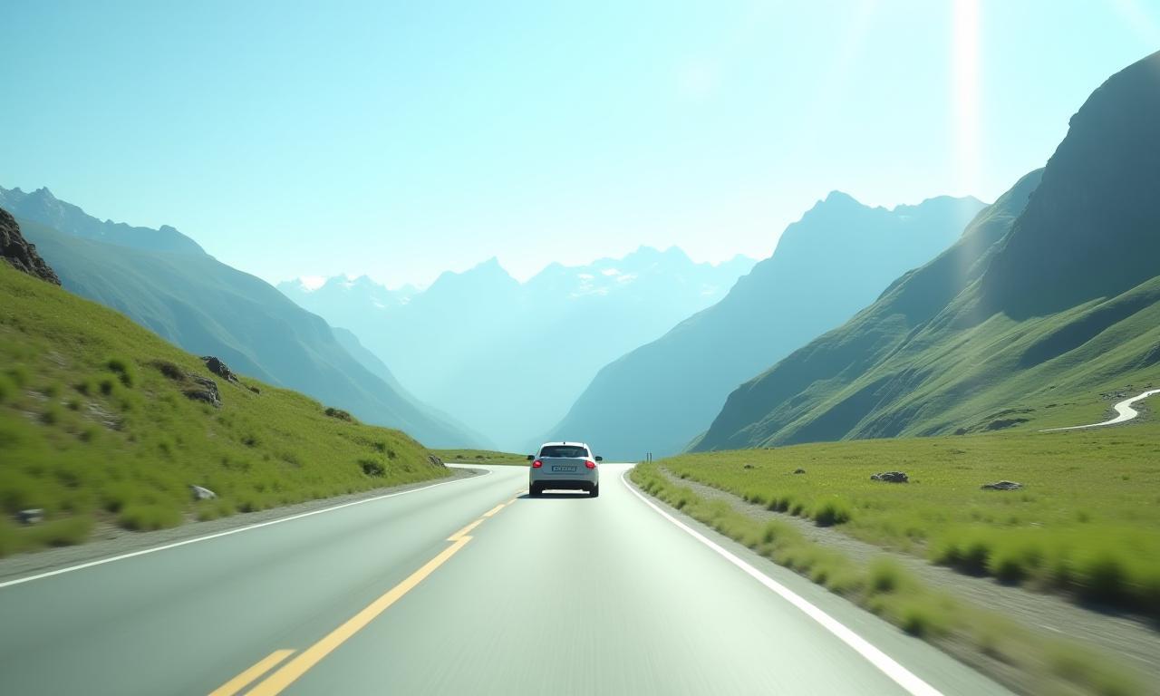 Car driving through Swiss Alps in summer