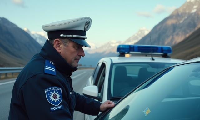 Swiss highway patrol checking windscreen
